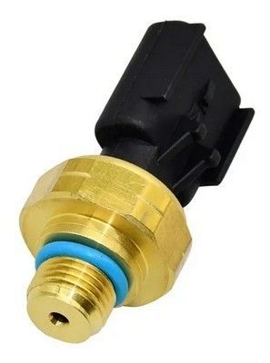 Sensor de presión de aceite de color latón con conector negro y junta tórica azul.