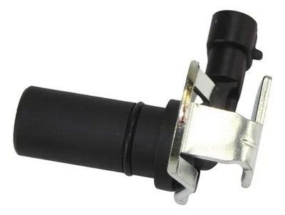 Sensor de posición del árbol de levas negro y plateado con un conector eléctrico negro.