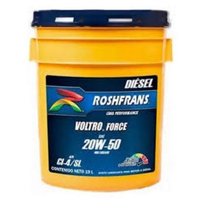 Contenedor amarillo de aceite de motor diésel Roshfrans Voltro Force, 20W-50, con etiqueta azul y blanca.