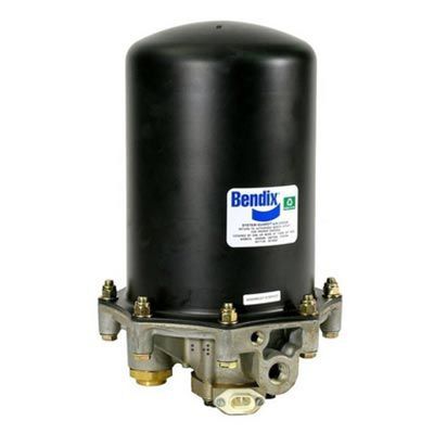 Secador de aire Bendix para camión, con tanque negro, base plateada y etiqueta azul y blanca.