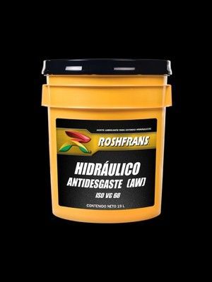 Contenedor de aceite hidráulico Roshfrans de color amarillo con tapa y etiqueta negras.