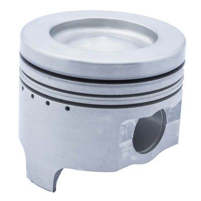 Pistón de motor plateado con ranuras y recortes para anillos.