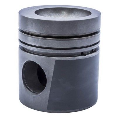 Pistón de motor, cilindro metálico gris con anillos y orificio.