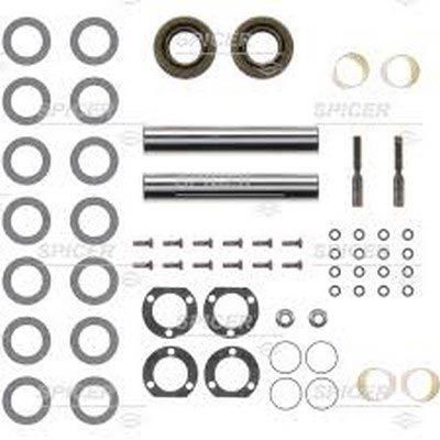 Kit de reconstrucción de pivote rey Spicer para mantenimiento de vehículos, con varios componentes metálicos y sellos.