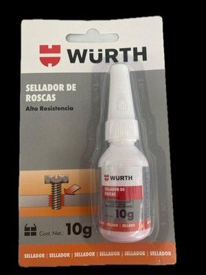 Botella de sellador de roscas Würth en embalaje; etiqueta gris y roja; 10g.