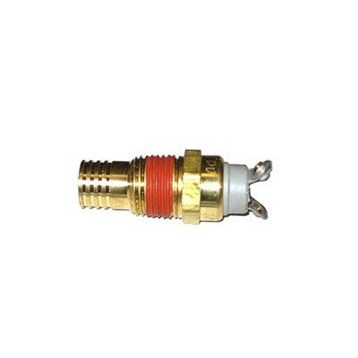 Sensor de temperatura del refrigerante del motor de latón con junta tórica roja y dos terminales eléctricos.
