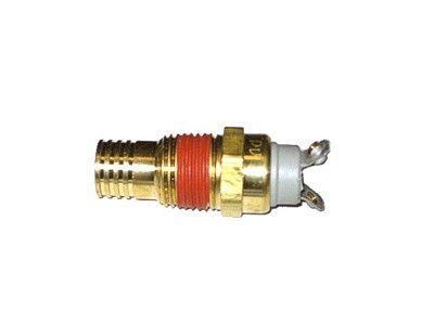 Sensor de temperatura del refrigerante del motor de latón con junta tórica roja y dos terminales eléctricos.