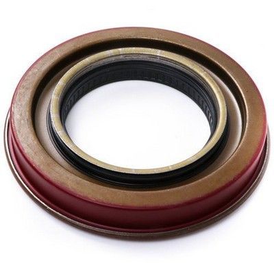 Un sello automotriz circular de color marrón y rojo con un anillo de goma negro.