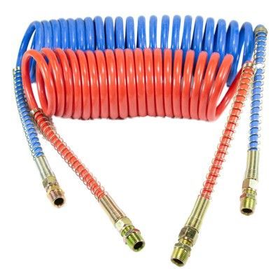 Mangueras de freno de aire enrolladas; rojas y azules, con conectores.