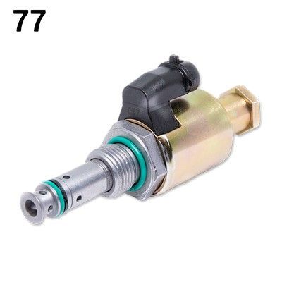 Electroválvula dorada y plateada con conector eléctrico negro y junta tórica verde.