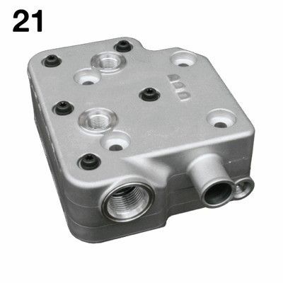 Pieza metálica plateada con pernos y puertos; número de artículo 21.
