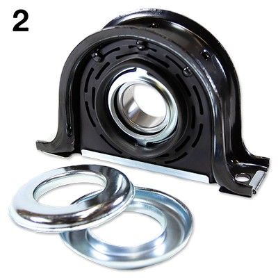 Cojinete de soporte central para eje de transmisión con dos anillos de retención metálicos.