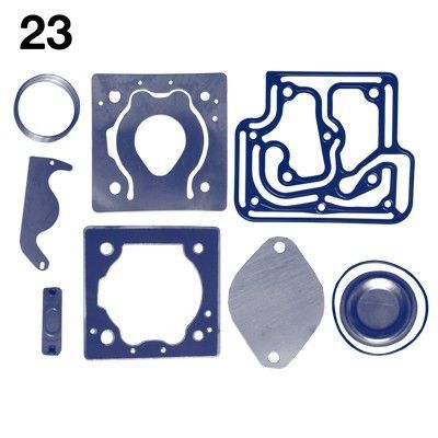 Juego de juntas y retenes para automoción, numerados 23, en varias formas y colores azul y plata.