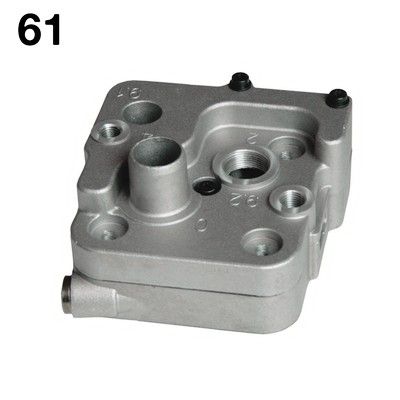 Componente de motor de metal gris, etiquetado 