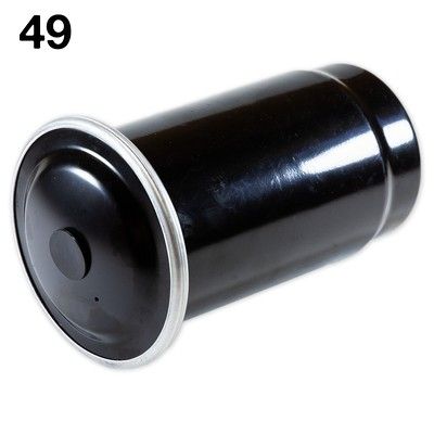 Filtro de combustible automotriz cilíndrico negro con borde plateado y etiqueta 