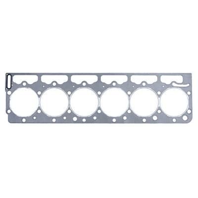 Junta de culata de motor plateada con seis orificios circulares grandes y orificios para pernos más pequeños.