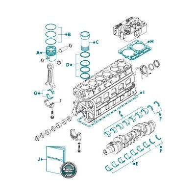 Diagrama explotado de los componentes internos de un motor diésel, incluidos pistones, cigüeñal y bloque de cilindros.
