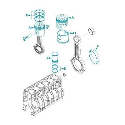Diagrama de componentes del motor: pistones, bielas, anillos y bloque.