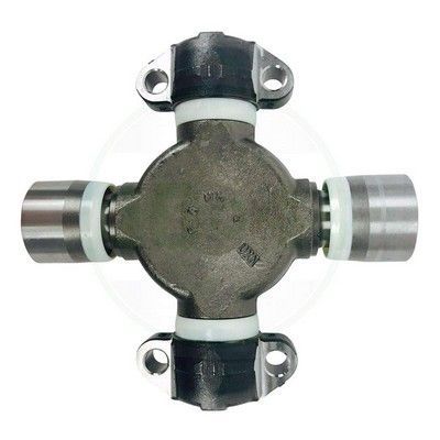Junta universal utilizada en el eje de transmisión de un vehículo, fabricada en metal oscuro con componentes blancos y extremos cilíndricos.