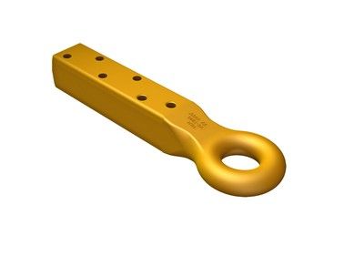 Ojal de remolque resistente de color amarillo con múltiples orificios para pernos en la parte superior y un lazo circular.
