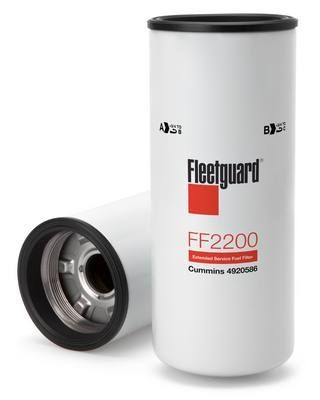 Dos filtros de combustible Fleetguard FF2200 blancos, uno en posición vertical y otro de lado, sobre un fondo blanco.