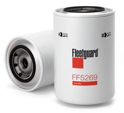 Dos filtros de combustible Fleetguard FF5269; cuerpos cilíndricos blancos, sellos de goma negros, detalles de logotipo rojo.