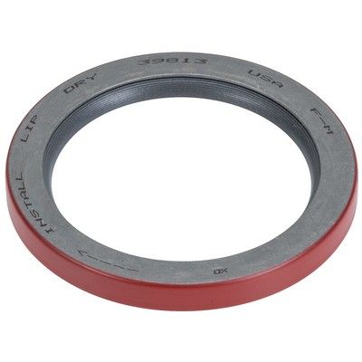 Sello de aceite circular rojo y gris con texto 