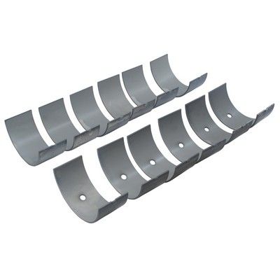 Cojinetes de biela de motor en dos filas, de metal gris, forma semicircular, con agujeros.