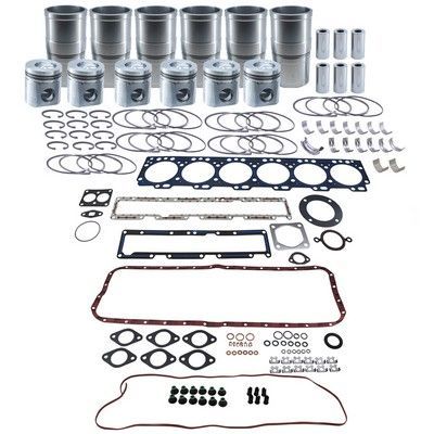 Componentes del kit de reconstrucción de motor: pistones, cilindros, juntas, sellos y cojinetes.