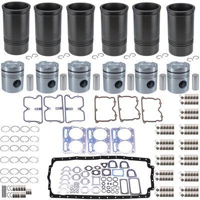 Piezas del kit de reconstrucción de motor: cilindros, pistones, juntas y cojinetes.