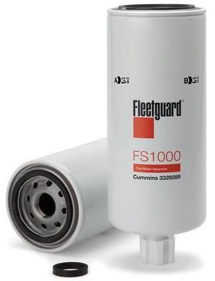 Dos filtros de combustible Fleetguard FS1000, cilíndricos metálicos blancos con junta tórica negra. Uno vertical y otro horizontal.