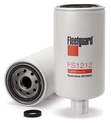 Dos separadores de filtro de combustible Fleetguard FS1212 blancos. Uno vertical y otro horizontal, con junta negra.
