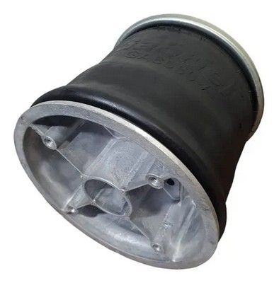 Bolsa de suspensión neumática de caucho negro con parte superior y base de aluminio.