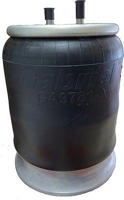 Resorte de suspensión neumática de color negro con dos accesorios de aire con tapa negra y tapas de extremo metálicas.