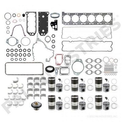 Kit de reconstrucción de motor con varias juntas, cojinetes y pistones.