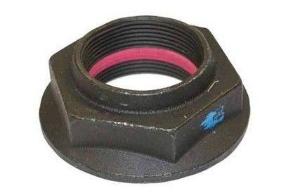 Tuerca hexagonal con rosca interna y anillo de sellado rojo.