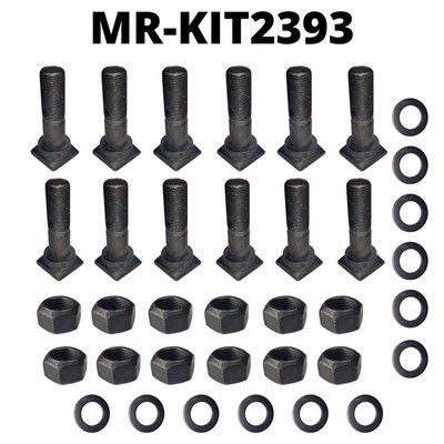 Kit de hardware: 12 pernos, 12 tuercas y 12 arandelas, de color negro, dispuestos para exhibición.
