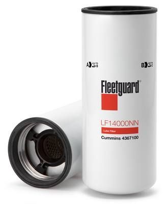 Dos filtros de aceite Fleetguard LF14000NN blancos, uno en posición vertical y el otro de lado, tapas de extremo negras.