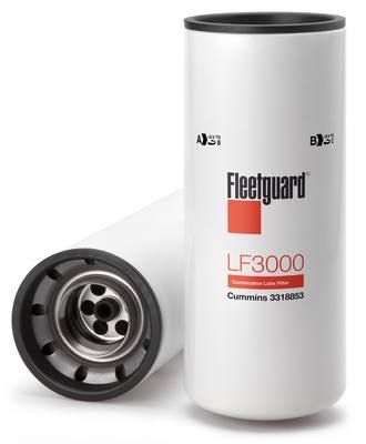 Dos filtros de aceite Fleetguard LF3000 sobre fondo blanco. Uno en posición vertical y el otro tumbado.