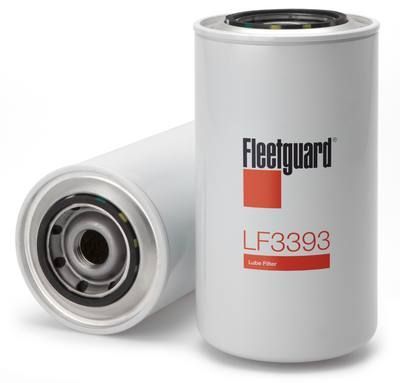 Dos filtros de aceite lubricante Fleetguard LF3393 blancos. Uno en posición vertical y el otro de lado.