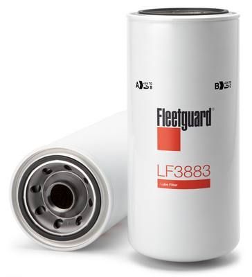 Dos filtros de aceite blancos Fleetguard LF3883. Uno de pie y otro de lado. Texto rojo y negro en el filtro más alto.