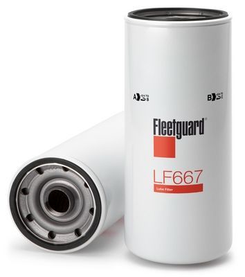 Dos filtros de aceite Fleetguard LF667 blancos. Uno de pie, el otro tumbado, mostrando diferentes ángulos.