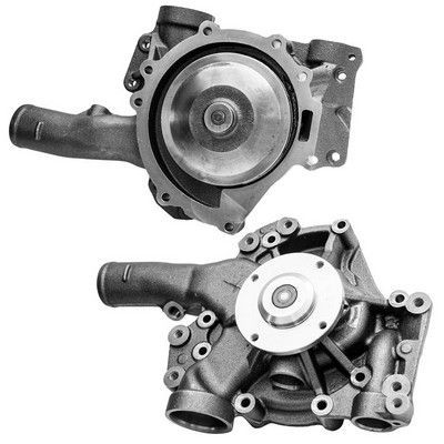 Dos vistas de una bomba de agua de metal, una parte del motor de un automóvil, mostrando la parte delantera y la trasera.