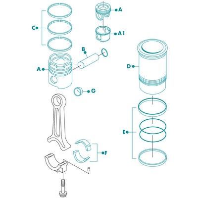 Diagrama explotado de los componentes del pistón del motor: pistón, anillos, biela, cilindro, cojinetes y pasadores.