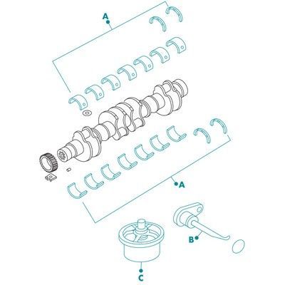 Diagrama de un cigüeñal de motor y partes relacionadas: cojinetes, filtro de aceite y varilla de nivel.