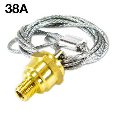 Accesorio de latón con extremo roscado y cable metálico incorporado.