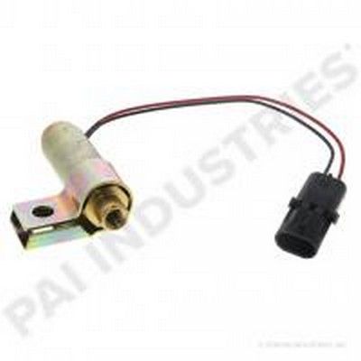 Sensor eléctrico dorado y negro con cables y conector, sobre un fondo blanco.