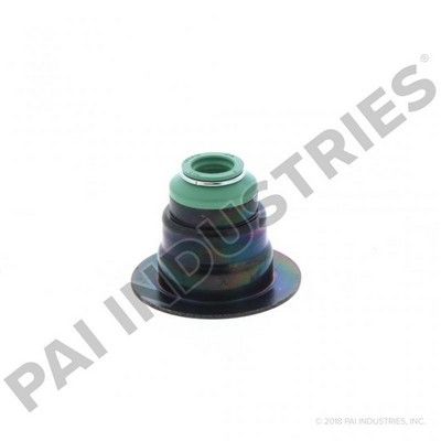 Sello de vástago de válvula con parte superior verde, base de metal y anillo de retención.