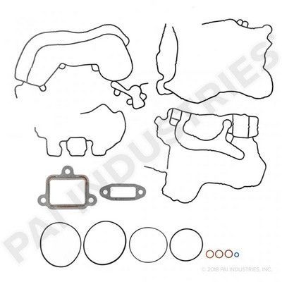 Dibujo lineal de varias juntas y sellos de motor.