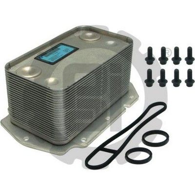 Enfriador de aceite de motor con juntas y tornillos. Unidad metálica rectangular.